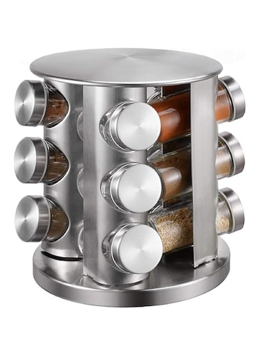 AMERTEER 12-Glass Bottle Deluxe Spice Rack with Jars, Rotating Rack Organizer, Spinning Spice Rack for Kitchen Counter, Spice and Seasoning Carousel Jar Set with Rack