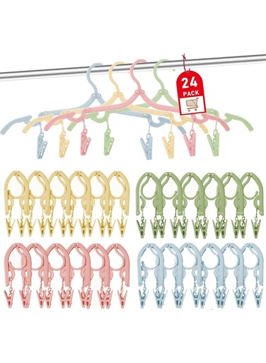 24 Pcs Travel Hangers with 48 Pcs Clips, Portable Folding Clothes Hangers, Travel Clothes Hangers, Travel Accessories, Foldable Clothes Drying Rack for Travel, Plastic Non Slip Clothing Hangers