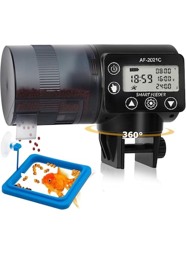 Moonmen Automatic Fish Feeder, Digital Auto Fish Feeder with LCD Display, 200ml Capacity Food Dispenser,Timer Feeder for Vacation &amp; Weekend Fish Feeding(Black)