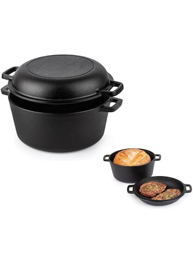 Pre-Seasoned Cast Iron Dutch Oven Casserole Pot - Cast Iron Skillet Lid &ndash; 2 in 1 Cooking Cookware Pan Set &ndash; Dutch Oven Pot with Lid &ndash; Black, 5 Quarts, 26cm
