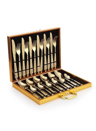 24-Piece Stainless Steel Cutlery Set Kitchen Utensil Set Western Cutlery With Textured Surface Suitable For Home Kitchen Restaurant Hotel Party Dining Picnic Dining Exquisite Packaging For Gift Giving Gold 225mm
