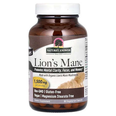 Nature's Answer Lions Mane Mushroom Powder 1500 mg 90-Capsules   Brain Mushroom Supplement   Promotes Focus, Memory, Mental Clarity   Vegan, Non-GMO   Single Count