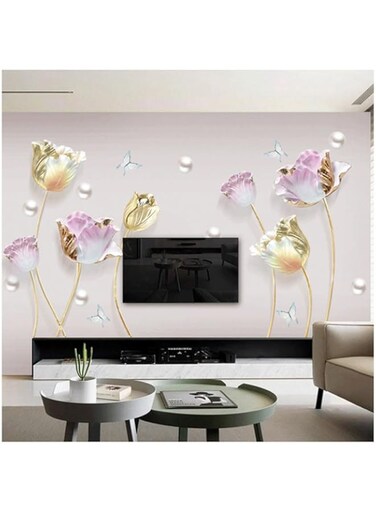 3D Wall Stickers, Tulip Flower &amp; Pearl Butterfly Stickers for Living Room Bedroom Wall, Huge Floral 3D Decoration for Home, Removable TV Background Decals