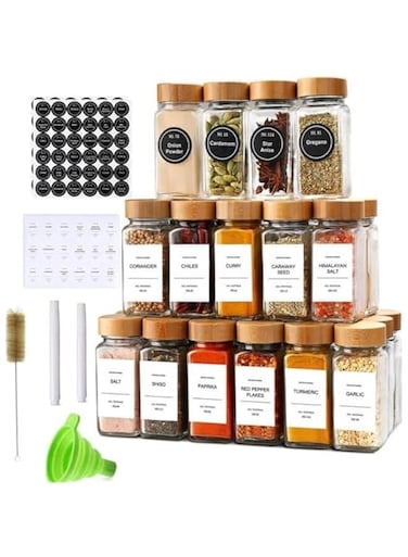 24 Pcs Glass Spice Jars with Labels - 120ml Glass Spice Jars with Bamboo Lids, 2 Pens, Labels Stickers, Shaker Lids, Seasoning Storage Bottles for Spice Rack, Cabinet, Drawer