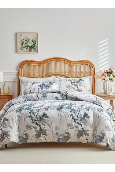 Home Queen size 6 pieces set: 1 Duvet cover - 200*230cm.; 1 Flat sheet - 230*250cm.; 4 Pillow covers - 50*75cm. Bedding set, blue with grey Leaves.