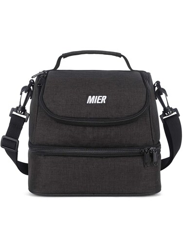 MIER 2 Compartment Kids Small Lunch Box Bag for Boys Girls Toddlers, Adult Leakproof Cooler Insulated Lunch Tote with Shoulder Strap (Dark Grey)