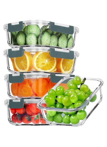 BPA Set of 5, 1040ML   Glass Meal Prep Containers,Glass Food Storage Containers with Lids,Food Storage Container 100% Leakproof Glass Lunch Boxes, Freezer Storage container