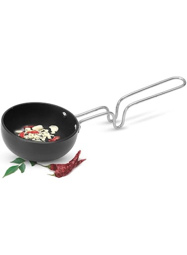 MILTON Pro Cook Hard Anodized Tadka Pan, 12 cm, Dark Grey   Vaghar Pan   Chounk Pan   Baghar Pan   Flame Safe   Gas Stove Safe   Stainless Steel Wired Handle   Scratch resistant