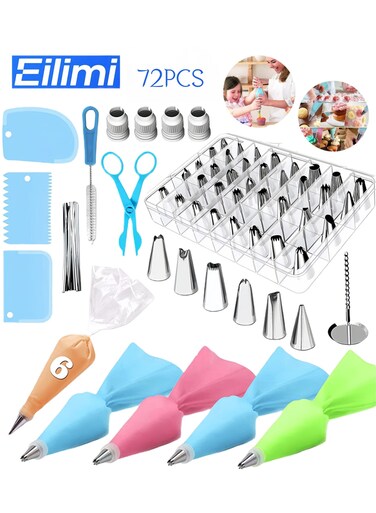 72 PCS Cake Decorating Kit,Piping Bags and Tips Set 42 Cake Frosting Piping Tips 3 Cream Scrapers 1 Flower Nail Cookie Baking Supplies for Beginners or Professional
