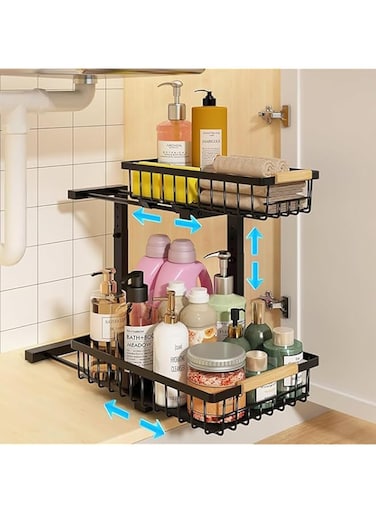 ANTOLE Under Sink Organizer, 2 Tier Height Adjustable Pull Out Cabinet Organizer,Kitchen Metal Pull Out Spice Rack and Under Counter Storage Shelf Drawers for Kitchen,Bathroom (Black)