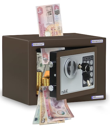 Rubik Mini Cash Deposit Drop Slot Safe Box with Key and Pin Code Option (Brown)