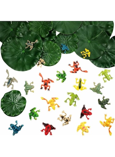 KASTWAVE Plastic Frogs Set Includes 24 Pieces Tiny Plastic Frog and 12 Pieces Artificial Floating Lotus Leaves for Pond Pool Decoration Party Supplies