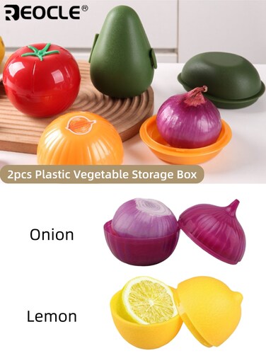 2PCS Plastic Food Savers with Lemon Onion Shape and Flip Top Design Fruit Vegetable Preservation Boxes with Freezer Safe Feature for Kitchen Storage