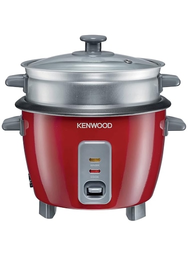 KENWOOD 2-in-1 Rice Cooker 0.6L 3-Cups Rice with Food Steamer Basket, Non-Stick Cooking Pot, Temepered Glass Lid, Warm/Cook Lights, Spatula Holder, Detachable Cord RCM30.000RD Red