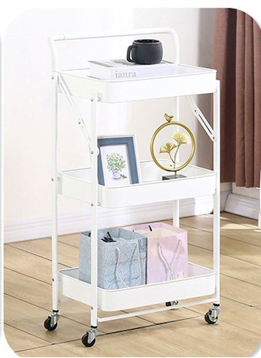 3 Tier Storage Trolley Cart Foldable Metal Rolling Utility Cart Storage Organizer Shelf