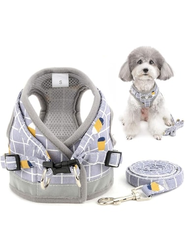Zunea No Pull Small Dog Harness and Lead Set Adjustable Reflective Step-in Chihuahua Vest Harnesses Mesh Padded Plaid Escape Proof Puppy Jacket for Boy Girl Pet Dogs Cats Gray S