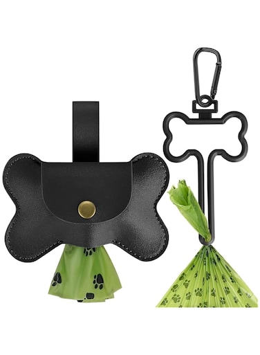 TERRIFI Leather Dog Poop Bag Holder with Dispenser and 2 Kinds Leash Clip, Dog Poop Bag Dispenser Great for Dog Poop Bag, Dog Waste Bags, Poop Bags For Dogs,no bags include (Black）