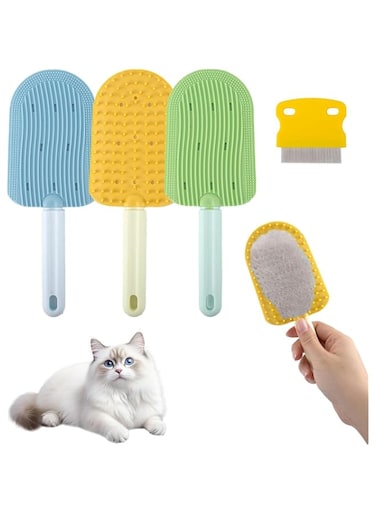 BIGTHREE 3-Pack Cat Tongue Comb Silicone Cat Grooming Brush, Double-Sided Cat Brush with Needle Tooth Comb, Cute Cartoon Design, Washable and Gentle for Short or Long-Haired Cats