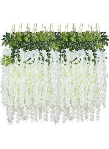 CasRmia 24 PCS Artificial Flowers Garland，Party Decor Wisteria Vine Flowers Party Garden Decoration Wisteria Wedding Party Decor Hanging Floral Decor Wisteria Vine Flowers Garland (White)
