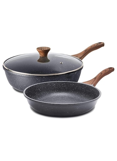 Swiss Granite Coating Non-Stick Frying Pan Skillets (20+26Cm With Lid) With Wooden Handle, Pfoa/Pfos/Apeo Free, Omelette Pans, Healthy Cookware Chef'S Pan, Pfoa Free, Dishwasher Safe, Black