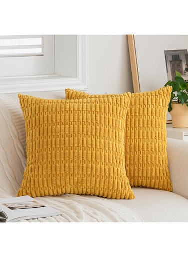 FEVERQIYI Mustard Yellow Corduroy Decorative Throw Pillow Covers 18x18 Inch for Couch Living Room Boho Home Decor Square Cushion Covers Pack of 2 Soft Striped Farmhouse Corduroy Pillowcases
