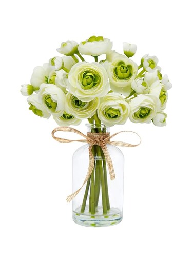 VIKINGS PANDA 8pcs Mini Ranunculus Artificial Flowers in Vase Artificial Plants Indoor Silk Flowers for Arrangements for the House(White and Green)