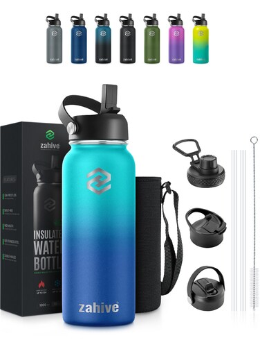 Insulated Stainless Steel Water Bottle with Straw with 3 Lids and Bag 1000 ml, Double Wall Thermos for Hot and Cold Drinks for Gym and Work, Wide Mouth, Leak Proof, 1 liter, Ocean Blue