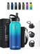 Insulated Stainless Steel Water Bottle with Straw with 3 Lids and Bag 1000 ml, Double Wall Thermos for Hot and Cold Drinks for Gym and Work, Wide Mouth, Leak Proof, 1 liter, Ocean Blue