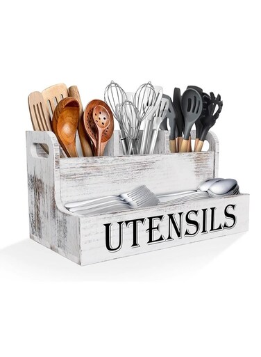 Nest Rustic Wooden Utensil Holder with 4 Compartments Large Farmhouse Kitchen Organizer for Spoons Spatulas Jars Paulownia Wood Countertop Caddy with Side Handles Vintage Style
