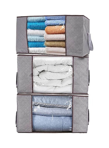 3Pcs Foldable Closet Organizer Clothing Storage Bag Box With Clear Window, Waterproof Durable Fabric Grey