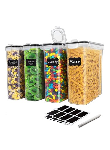 BPA-Free Plastic Airtight Stackable Cereal and Dry Food Storage Organizer Containers with Locking Lids (4L / 135oz) - Set of 4 for Sugar, Flour, Snack, Baking Supplies