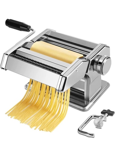 Manual Noodle Roller Pasta Maker Machine with Adjustable Thickness, Hand Crank Design for Spaghetti and Fresh Pasta, Heavy Duty Stainless Steel Noodles Cutter for Home Cooking