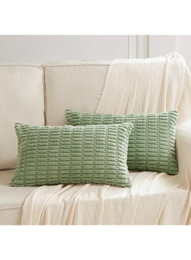 Pack of 2 Sage Green Lumbar Decorative Throw Pillow Covers 12x20 Inch for Living Room Couch Bedroom, Soft Corduroy Rectangle Solid Cushion Case 30x50 cm, Rustic Farmhouse Boho Home Decor