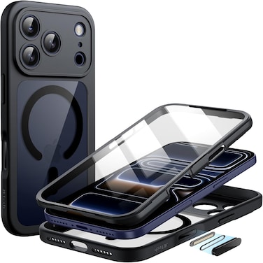 Case for iPhone 17 Pro Max 6.9-Inch with Built-in Tempered Glass Screen Protector and Camera Control Button, Compatible with MagSafe, 360 Degree Full Body Cover (Black)