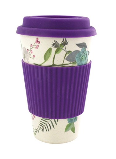 HOME Floral Design Travel Mug With Lid And Sleeve Purple 9.6 x 15.4 x 9.7cm