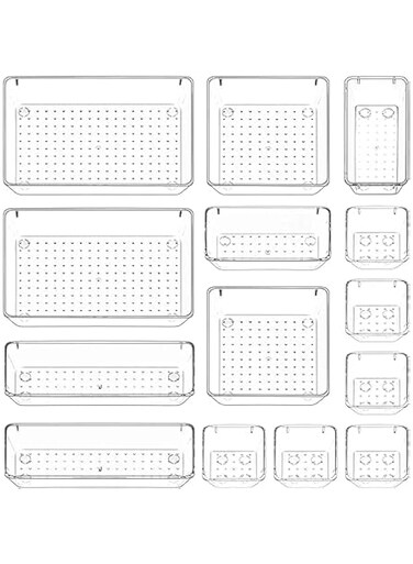 PICCASIO Multi-Purpose Drawer Organizer Set, Different sizes Clear Vanity Tray Organizers and storage Boxes, Clear Plastic Storage Bins for Makeup, Office, Kitchen and Bedroom (14 Pcs)