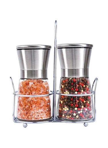 alaide Salt and Pepper Grinder Set of 2 with Stainless Steel Stand, Adjustable Coarseness Salt Grinders and Mills Refillable, Salt and Pepper Mill with Ceramic Grinding Core and Durable Glass（Short)
