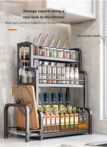 Spice Rack Organizer 3 Tier Metal Spice Storage Rack for Countertops with Shelf Liner Sticking Plate Frame 6 Hook Knife Rest Seasoning Organizer Spice Shelf Kitchen Counter Storage