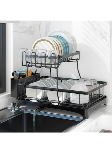 TAME Dish Drying Rack for Kitchen Countertop, 2 Tier Kitchen Dish Drying Stand with Drainer, Detachable Large Capacity Dish Drainer Organizer with Utensil Holder, Dish Drying Rack with Drain Board