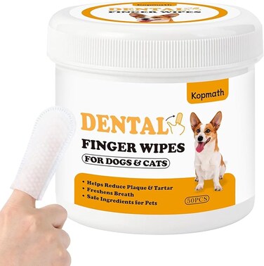 Kopmath Dog Dental Wipes, Dog Teeth Cleaning Wipes, Reduce Plaque &amp; Tartar, Freshen Breath, Pre-Soaked Pet Dental Care Finger Wipes for Dogs &amp; Cats, Portable Disposable Dog Tooth Wipe Pad, 50 Count