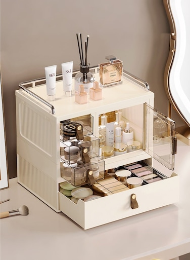 3-tier Makeup Storage Organizer for Vanity Large Capacity Skincare Organizers Dustproof Makeup Storage Box Cosmetic Display Cases with 1 Drawer for Bathroom Bedroom Countertop