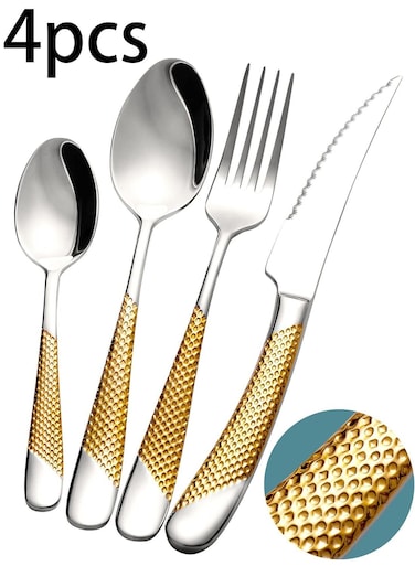 PCS Hammered Silver Gold Silverware Set, Kitchen Utensil Set, Tableware Cutlery Set, Knives Forks Spoons Set