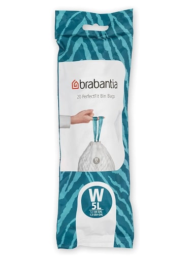 Brabantia IdealFit Bin Liners (Size W/5 Litre) Ideal Quality Thick Plastic Trash Bags with Tie Tape Drawstring Handles (20 Bags), White