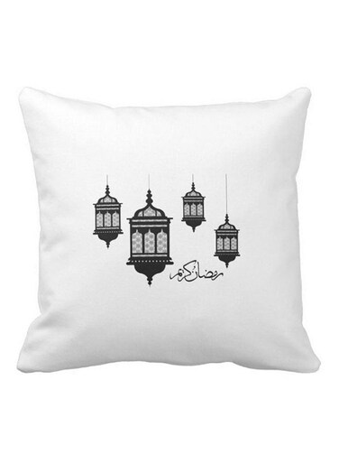 Piece Ramadan Kareem Lanterns Printed Pillow White/Black 40x40centimeter