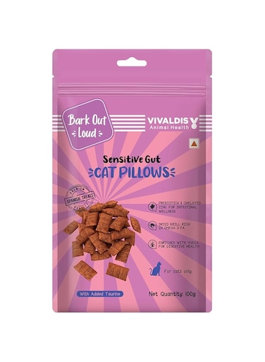 BARK Out Loud by Vivaldis - Cat Pillows for Sensitive Gut Chicken Treats   Dried Krill, Prebiotics, Taurine, Vitamin E 100G, Adult