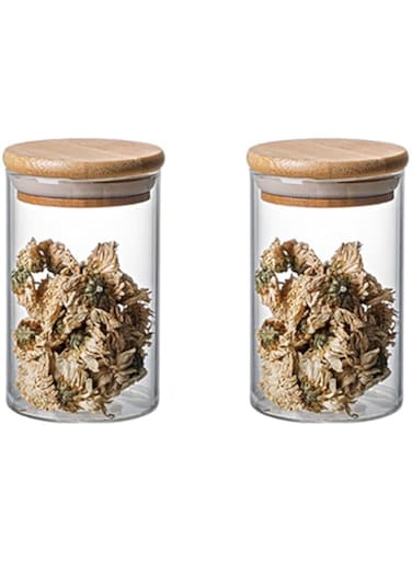 Glass Storage Jars Set, High Borosilicate Glass Food Canister with Airtight Bamboo Lid, Kitchen Sealed Containers for Cereals, Beans, Candy, Seasoning, Dried Fruit (250ML, 2Pcs)