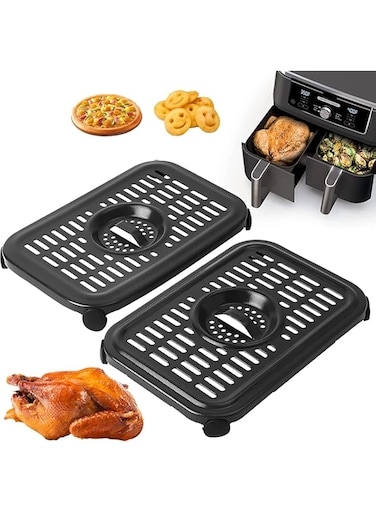 Air Fryer Grill Pan for Ninja Air Fryers, 2 Packs Replacement Air Fryer Crisper Plate Grill Plate Tray Accessories with Rubber Bumpers for Ninja Foodi DZ201 DZ100 and other Air Fryer, Dishwasher Safe