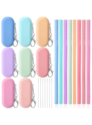 SYOSI Reusable Silicone Straws, with Carry Case and Cleaning Brushes, Foldable Portable Drinking Straw Set, for Party Travel Cold or Hot Straw, 7 5/7 Inch Long, Light Color, 8 Sets