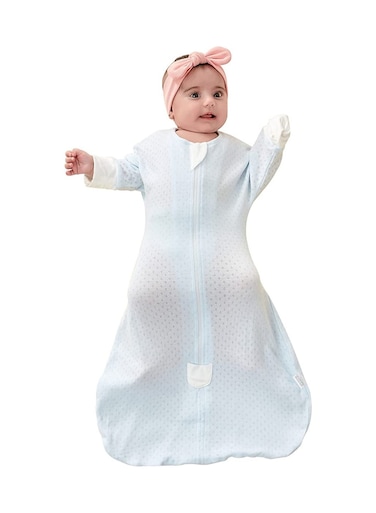 Baby Cotton Sleeping Bag, Half-Long Sleeve Baby Mesh Sleep Sack, Wearable Blanket with Hollowed Breathable Dots for Newborn, Light Blue