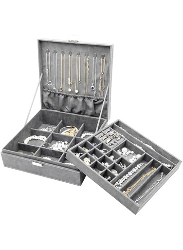 ProCase Jewelry Box Organizer for Women Girls, Two Layer Jewelry Display Storage Holder Case for Necklace Earrings Bracelets Rings Watches -Grey